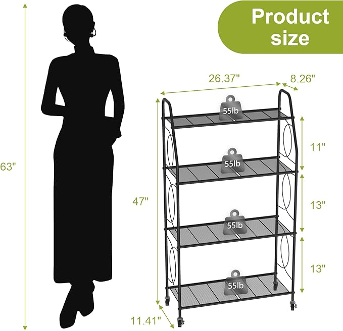 VyGrow 4 Tier Plant Stand with Wheels, Plant Shelf for Indoor Outdoor, Heavy Duty Metal Tall Plant Stands Holder Rack for Living Room Balcony and Garden, Black