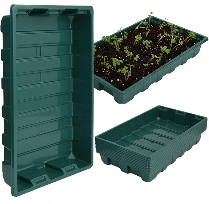 YoleShy 10 Pack Seed Starter Tray Reusable Plastic Plant Seedling Starter Trays Thickened Sturdy Durable for Germination Growing Microgreens Planting Propagation, Without Drain Holes, 14.5"x9", Green