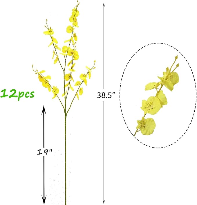 Yellow Artificial Flowers Orchids Silk Fake Flowers in Bulk, 12 Pcs (Each 38.5”), for Wedding Festive Party Home Office Decoration, No Include Vase