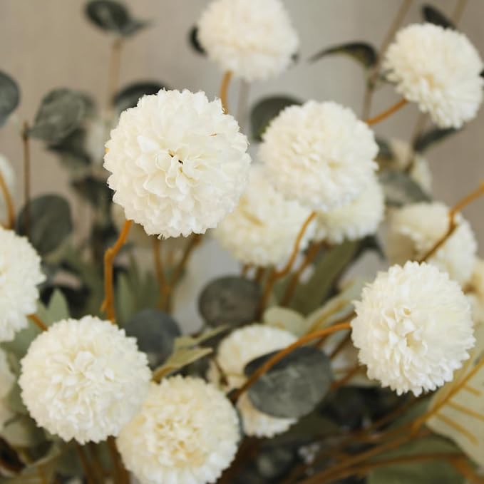RyddeligHome White Faux Kiku Flowers for Vase - 10 Long Stem Artificial Flowers with Eucalyptus, Realistic Winter Floral Stems for Tall Vases, Farmhouse Home Decor (Premium Quality)