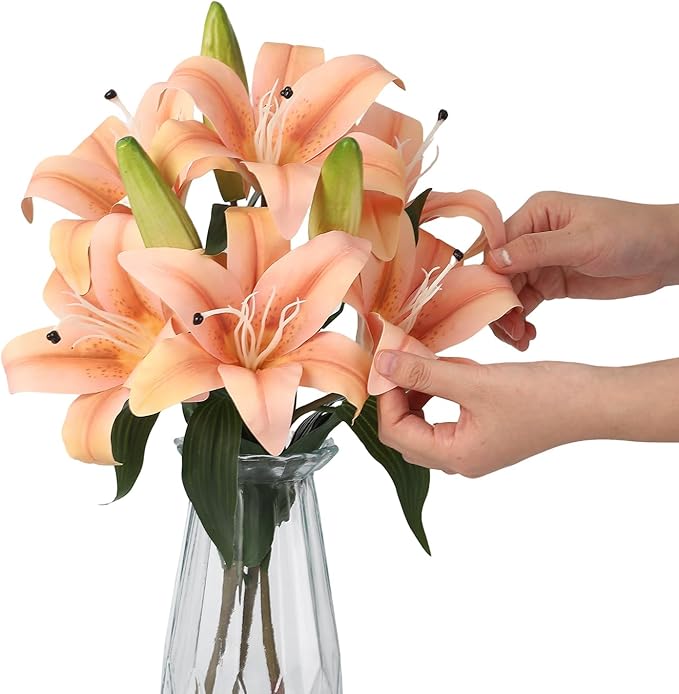 GarveeLife Artificial Tiger Lily Flowers with Vase, Real Touch Easter Lily Faux Flowers for Home Table Centerpieces Wedding Baby Shower Birthday Party Decoration, UV Resistant, 3 Stems with 6 Flowers