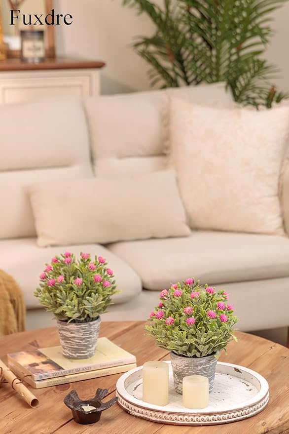 2 Pack Small Desk Plants, Artificial Bathroom Plants Decor with Flower in Vintage Melamine Pots, Faux Plants Indoor for Shelf Decor in Home Office, and Spring Decor (Fuchsia)