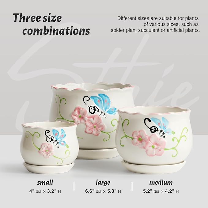 Ceramic Plant Pots with Drainage Holes and Saucers, Round Flower Pots for Indoor Plant, 4/5.2/6.6 Inches Flower Large Planters Set of 3