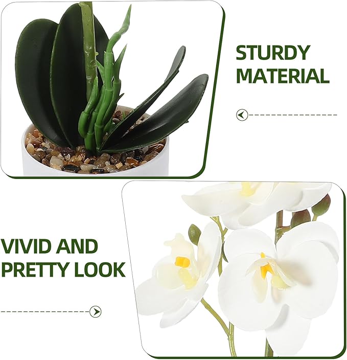 Housoutil Artificial Phalaenopsis Orchid Plant with 8 White Flowers, Realistic Faux Potted Flower Decor for Indoor Home Decoration, Simulation Orchid Bonsai for Living Room and Office