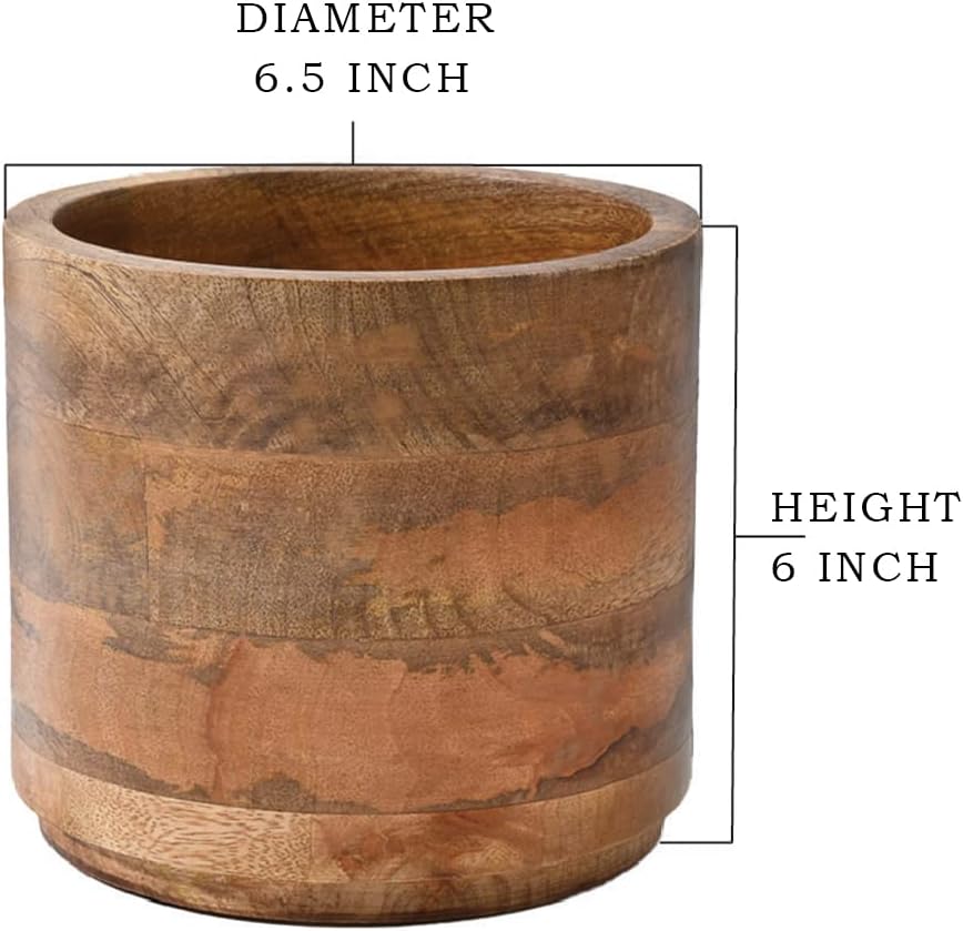 Serene Spaces Living Set of 6 Medium Mango Wood Cachepot, Natural Wooden Pot for Faux Flowers & Plants, Potted Indoor Plants, Home, Office, Restaurant Decor, Measures 6.5" Diameter & 6" Tall