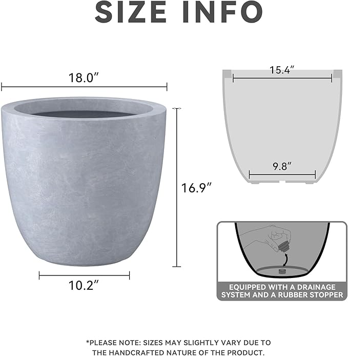 Kante 18 Inch Dia Round Concrete Planter, Indoor Outdoor Large Plant Pot with Drainage Hole and Rubber Plug for Home Patio Garden, Gray