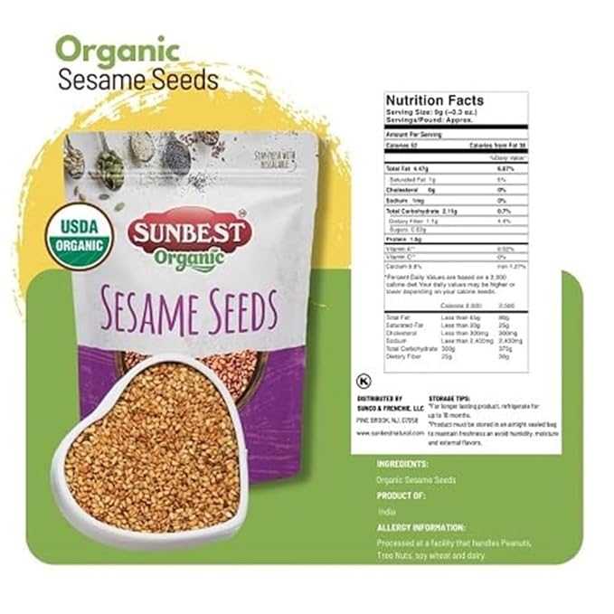 Sunbest Natural Organic Brown Sesame Seeds 32 oz.(2 lb) - USDA Organic, Non-GMO, Vegan, Gluten-free, Kosher - Fresh & Nutrient-Rich Snack, Topping, Baking - 2-Pack 16 oz