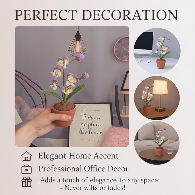 Handmade Crochet Orchid Potted Plants, Knitted Artificial Forever Flowers with Exquisite Pot, for Friends, Women, and Kids, Ideal for Home Decorations and Office Desks