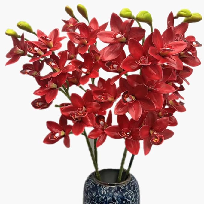 4pcs Artificial Orchid Flower Flower Vanda 10 Heads Realistic Touch, Lifelike FlowersRed Cymbidium Phalaenopsis Flower (red)