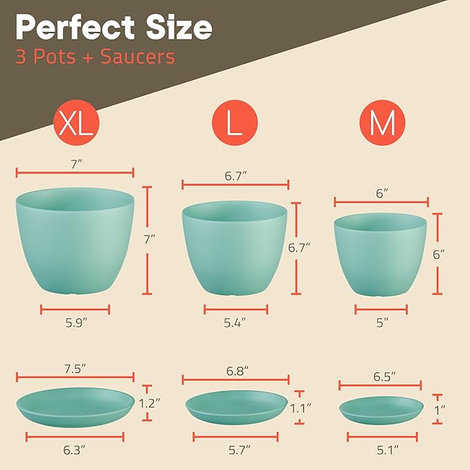 Planter Pots with Drainage Holes - Lightweight, Durable, and Space-Saving Pots for Indoor and Outdoor - Versatile Functionality, Simple Modern Design, Set of 3 Plastic Planter Pots - Aqua