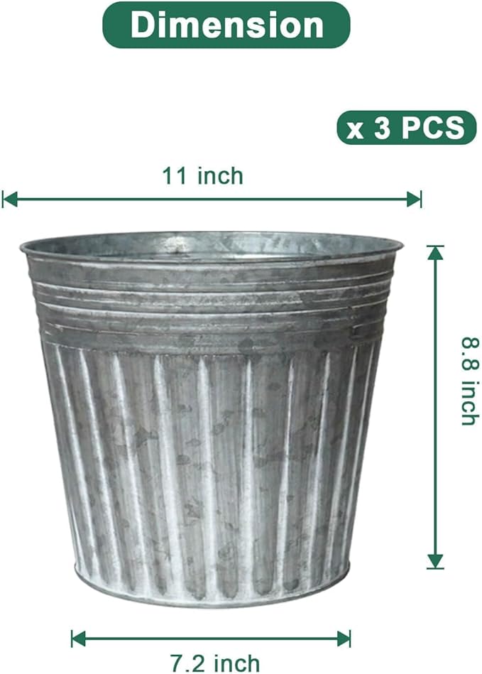 vensovo 11 Inches Silver Metal Rustic Plant Pots - 3 Pcs Large Galvanized Planters with Drain Hole and Rubber Plug, Rustproof Tin Bucket Flowerpot for Indoor Plants Farmhouse Vintage Style for Decor