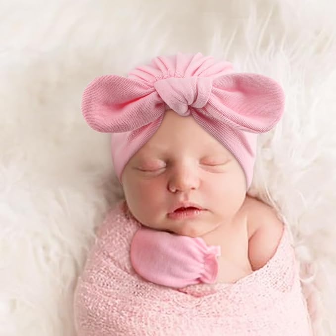 BQUBO Baby Turban Hats and Mittens Set Newborn Infant Hospital Hats Caps with Bows for Baby Boys Girls 0-12 Months