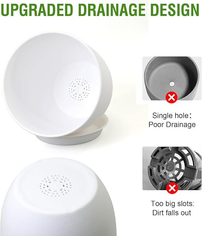 WSMKSZ 10/9/8 inch Medium Flower Pots, 3 Pack Modern Decorative Plastic Planters with Drainage Holes and Tray, Plant Pots for Indoor Outdoor Plants, White