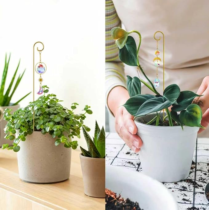 4 Pcs Small Trellis for Potted Plants Indoor with Crystal Sun Catcher Pendant, Metal Plant Stake for Mini Potted Plant Decoration for Home Window Garden