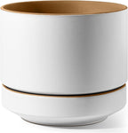 LE TAUCI 12 Inch Pot for Plants with Saucer, Ceramic Indoor Planter Pot with Drainage Hole, Mesh Pad & Plug Included, Matte Glazed Outside, Modern for Home and Office, Alpine White & Ochre