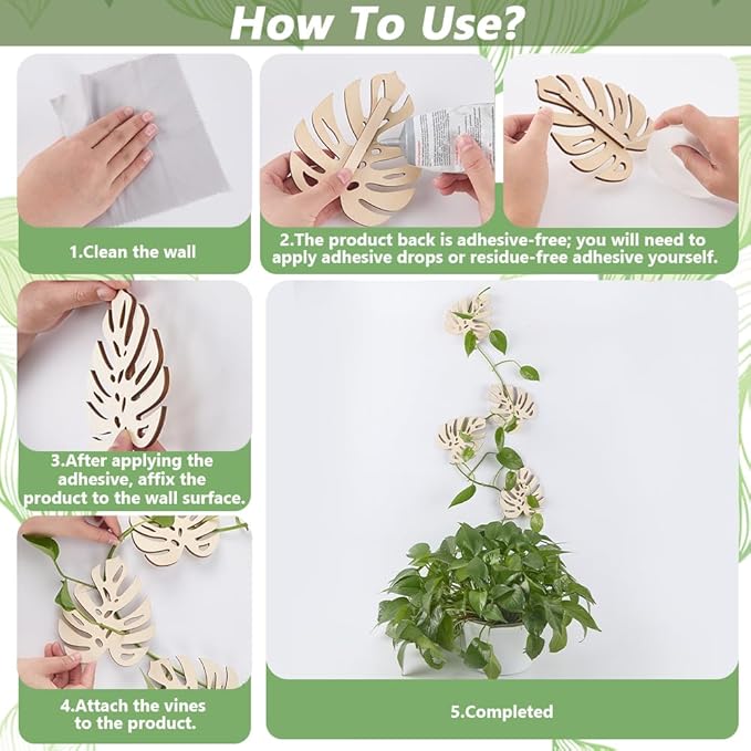 FINGERINSPIRE 4Pcs Wall Vine Holder Wooden Monstera Leaf Wall Mount for Climbing Plants 4.3x5.3inch Floral White Plant Wall Fixtures Wooden Leaf Trellises for Vines Houseplant Home Office Decoration