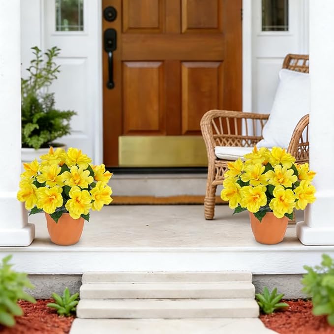 Briful Artificial Hibiscus Flowers in Pot, 14.1" Faux Tropical Flower Plant for Outdoor Porch, Potted Yellow Hibiscus Tabletop Decor for Living Room, Dining Table, Kitchen, Office, Indoor Home Décor