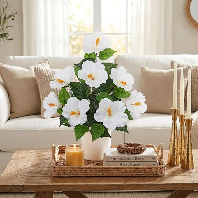Briful Artificial Hibiscus Potted Plant 20.8” Tall, Realistic Silk Hibiscus Flowers Farmhouse Table Decor, Faux Tropical Flower Plant in Pot for Living Room Table, Entryway, Office, Home Decor, White