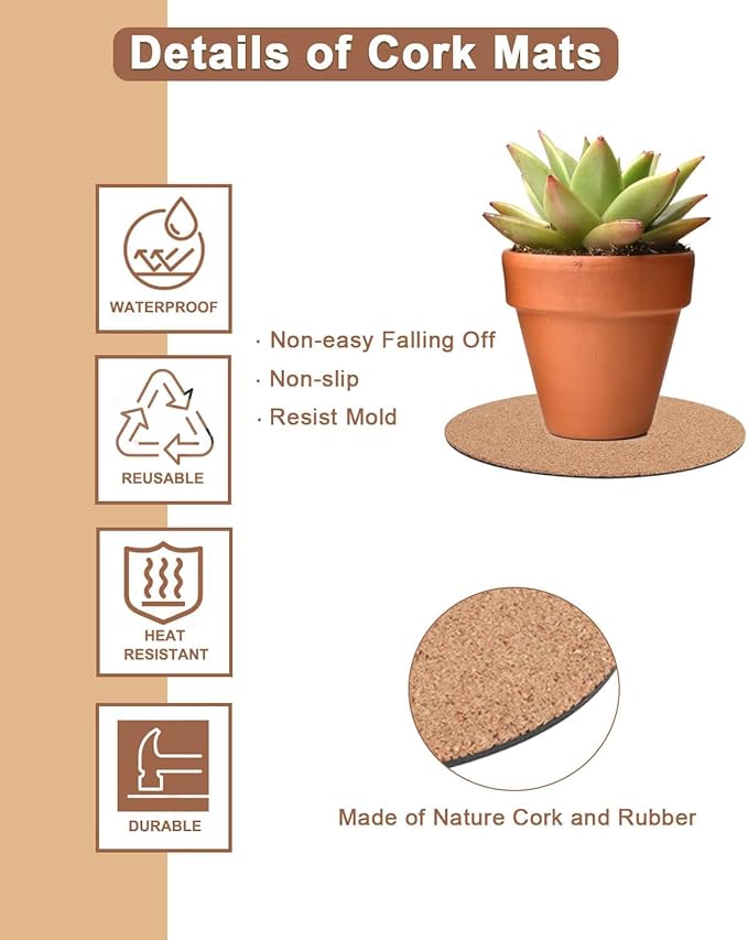 vensovo Cork Plant Coasters & Saucers 6 Inch– Absorbent Round Mats for Indoor Flower Pots, Planters, Houseplants, Surface Protector for Table & Floor, 6 Pack