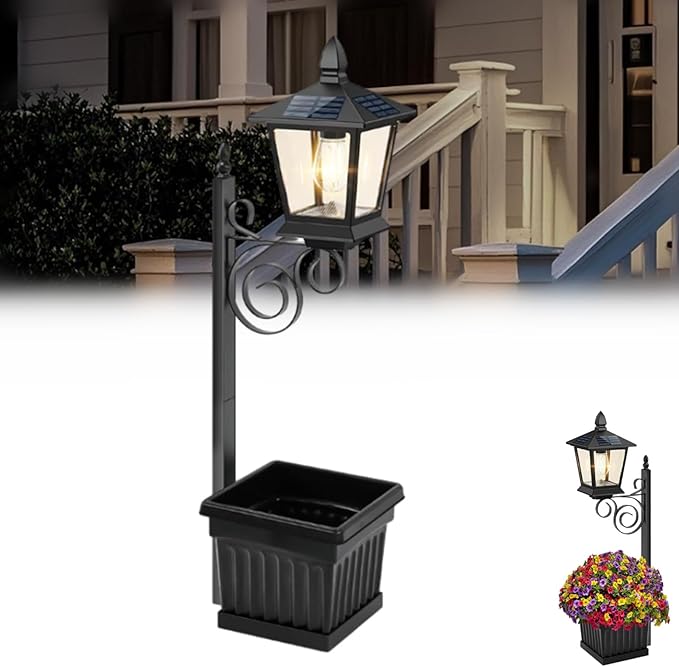 2-in-1 Outdoor Solar Lamp Post Light with Planter: Illuminate & Decorate Your Garden, 2-in-1 Solar Lamp Post with Planter, Solar Post Light with Planter, for Patio, Front/Back Door Decor (1 Set)