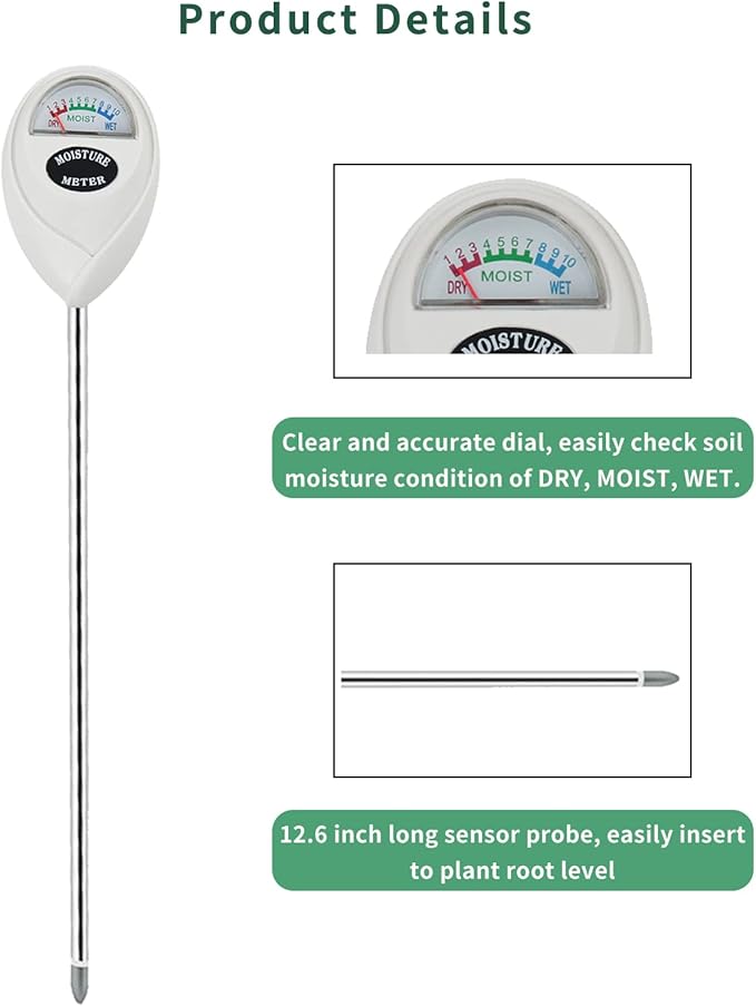 Soil Moisture Meter, 2 Pack Long Probe Soil Moisture Monitor for House Plants, Soil Hygrometer Moisture Sensor for Indoor & Outdoor, Garden, Farm, Lawn Plant Care, No Battery Needed(White)