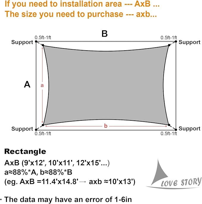 LOVE STORY Custom Size 4'x4' Dark Grey Sun Shade Sail Rectangle UV Block Canopy Patio Sail Sunshades Fabric for Outdoor Garden Carport (We Make Custom Size)