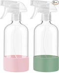 JohnBee Glass Spray Bottles with Silicone Sleeve, 2 Pack16 oz Empty Refillable Containers with Adjustable Spray Nozzles, Spray Bottles for Hair, Cleaning Solutions and Plants Olive Green&Pink