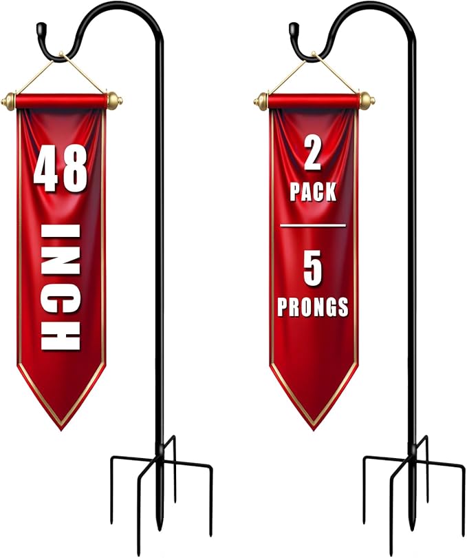 Shepherds Hooks for Outdoor 48 Inch Garden Bird Feeder Pole with 5 Prongs Base Adjustable for Hanging Flower Basket Plant Pot Solar Lantern Light Wind Chime Hanger for Wedding Decor 2 Pack