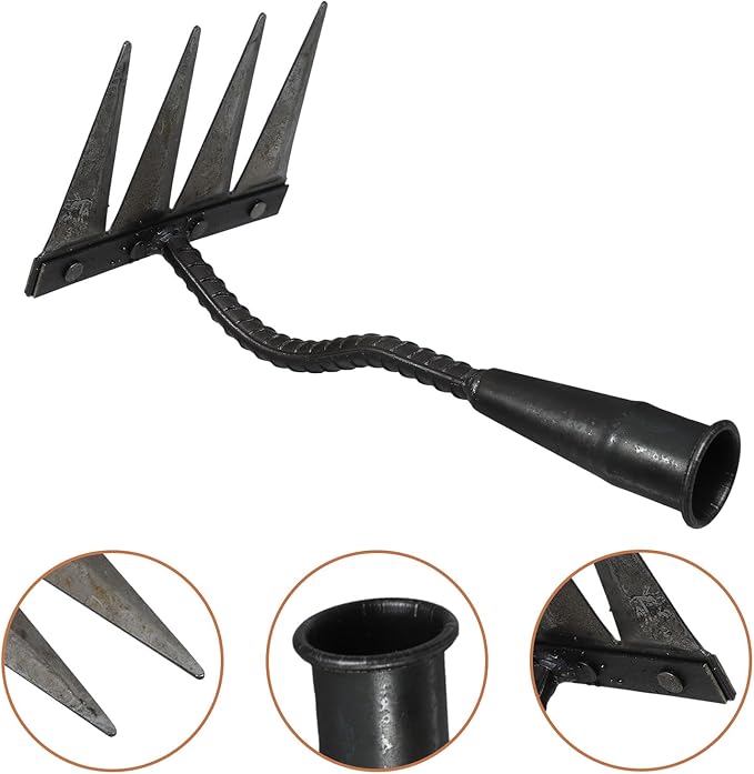 Garneck Heavy Duty Small Garden Rake with 4 Sharp Teeth, Reinforced Steel Manual Weeding Rake for Soil Turning and Lawn Leveling, Sturdy Hand Tool for Gardening and Landscape Care
