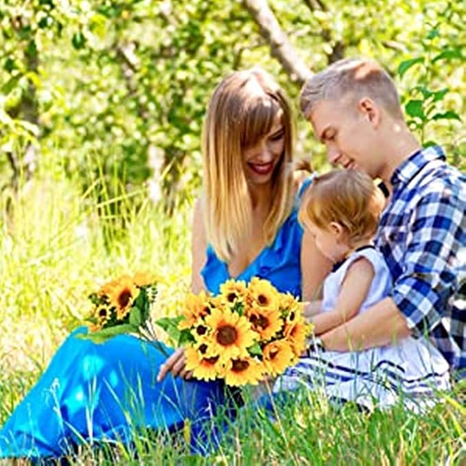 PASYOU Artificial Sunflower Plastic Fake Flowers Sunflowers for Indoor Outdoor Wedding Bridal Bouquet Home Garden Party DIY Wreath Table Arrangement Decoration Pot Planter Filler 4 pcs