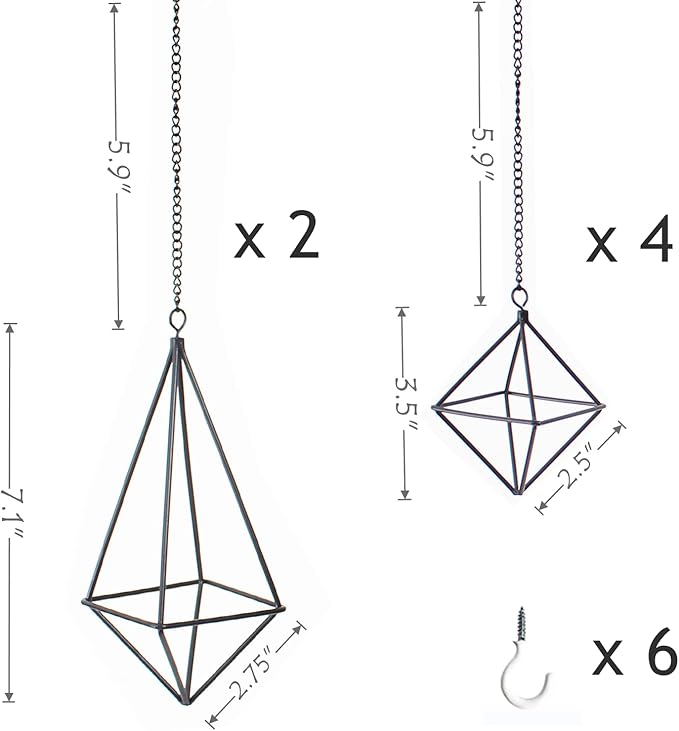SZRUIZFZ Black Metal Air Plant Hanger, Tillandsia Air Plants Holders Unique, Modern Air Fern Display Stand with Chains for Home Wall Decor,Octahedron Himmeli Geometric Decor, Home Decor Gifts (6Pcs)