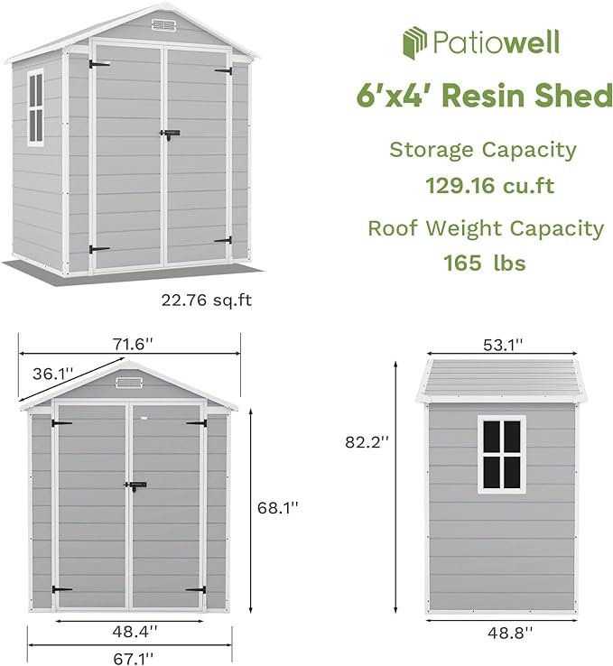 Patiowell 6 x 4 FT Plastic Outdoor Storage Shed with Floor, Resin Outside Sheds with Window, Garden Tool Shed with Lockable Door for Patio Storage, Backyard, Light Gray