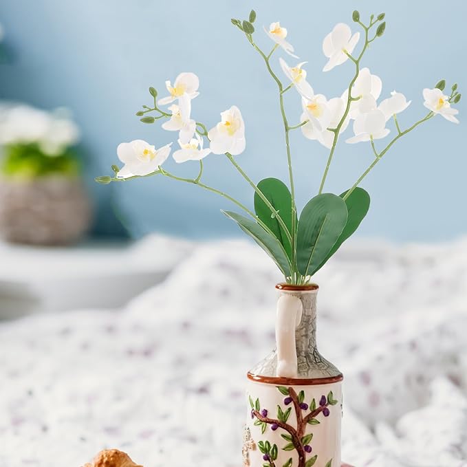 Baluue Artificial Phalaenopsis Orchid Stem Faux Leaves White Butterfly Orchid Flower for Indoor Home Decor Living Room Wedding Event Floral Arrangement