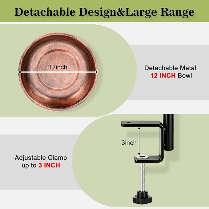 Gtongoko Deck Mounted Metal Bird Bath for Outside, 12 Inch Dia Weather-Resistant Birdbath Bowl for Balcony Fence Railing with Adjustable Clamp Outdoors