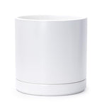 D'vine Dev 10 Inch Ceramic Planter Pot with Drainage Hole and Saucer, Indoor Cylinder Round Planter Pot, White, 94-O-E-1
