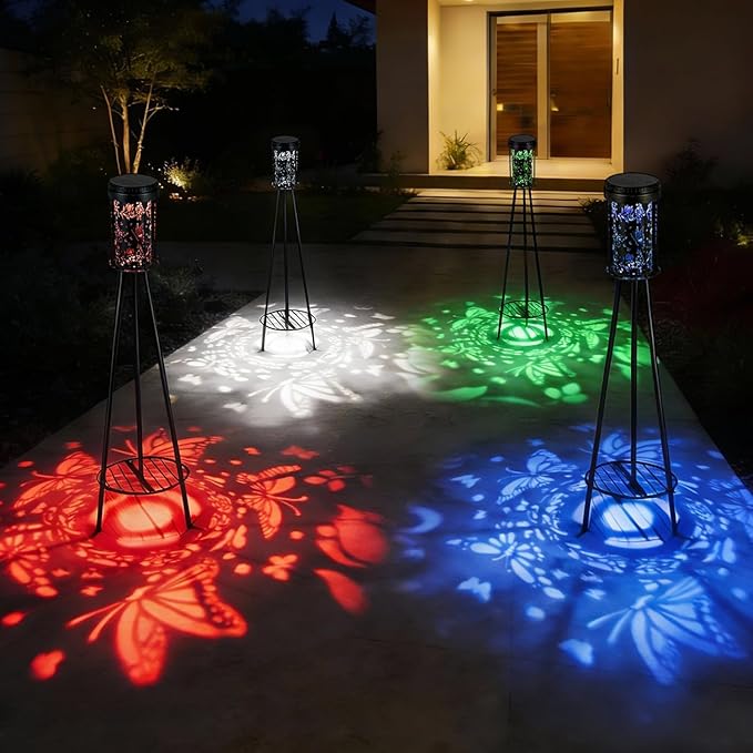 Solar Floor Lamps Outdoor RGB Butterfly Projection Metal Cordless Floor Lamp with Plant Stand,42.48 Inch Waterproof Decorative Garden,Patio,Porch,Yard,Path,Black,2 Pack