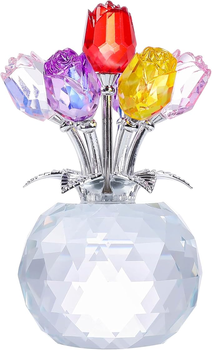 YWHL Handmade Crystal Colorful Rose Flower Figurine with Round Vase, Romantic Rose Gifts for Women on Anniversary Birthday Chrismas, Glass Rose for Grandma Mom Wife, Wedding Home Decorations
