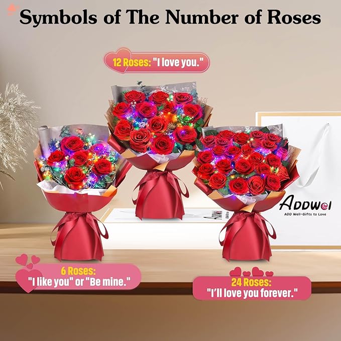 ADDWel 12 Preserved Red Roses Bouquet - Real Roses That Last Years, Romantic Anniversary & Birthday Gifts for Wife, Girlfriend - A Dozen Flowers for Delivery, Present for Her, Mom