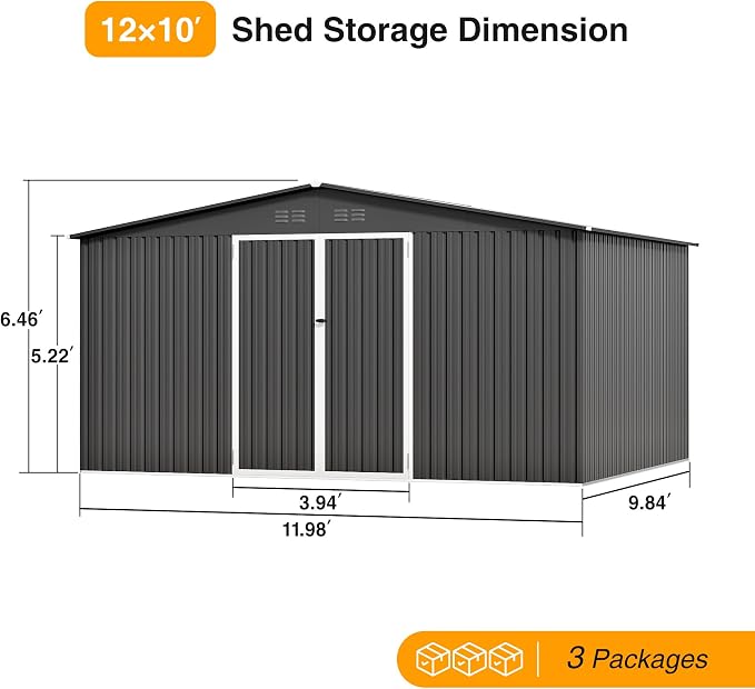 12 x 10FT Dark Grey Outdoor Storage Shed, Metal Waterproof Shed Garden Tool Shed with Door and Lock Outdoor Storage,All-Weather Shelter for Bike, Gardening Tools, Lawn Mowers