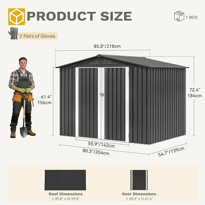 DWVO 7x5FT Outdoor Storage Shelter, Roomy Steel Tool Shed with Secure Entrances & Air Circulation for Patio, Lawn, and Backyard, Ideal for Storing Garden Gear, Lawn Tools, and Bikes, Brown
