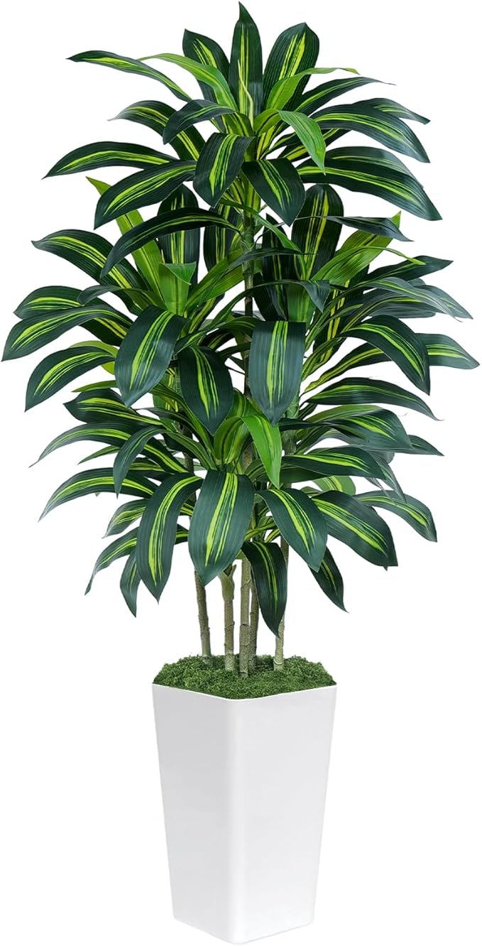 5FT Artificial Dracaena Tree - High-Density Foliage Fake Plant with White Tall Planter - Faux Yucca Floor Plant for Home Office Decor Indoor