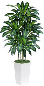 5FT Artificial Dracaena Tree - High-Density Foliage Fake Plant with White Tall Planter - Faux Yucca Floor Plant for Home Office Decor Indoor