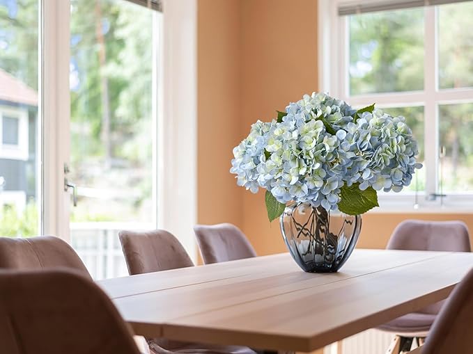 ZYTUYO 20" 4PCS Artificial Light Blue Hydrangea Flowers Large Faux Latex Real Touch Fake Hydrangeas Silk Bouquet with Leaves Stems for Family Table Office Wedding Party Arrangements