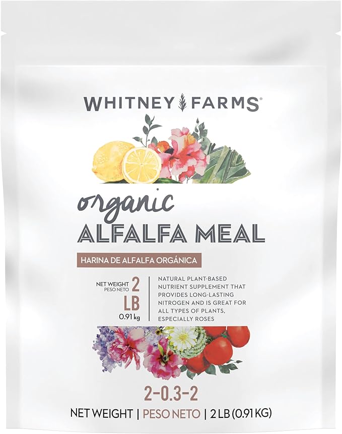 Whitney Farms Organic Alfalfa Meal 2-0.3.2 - Slow-Release Nitrogen Fertilizer and Soil Enhancer for Vegetables, Flowers, Roses, Herbs, and Shrubs, 2 lb.