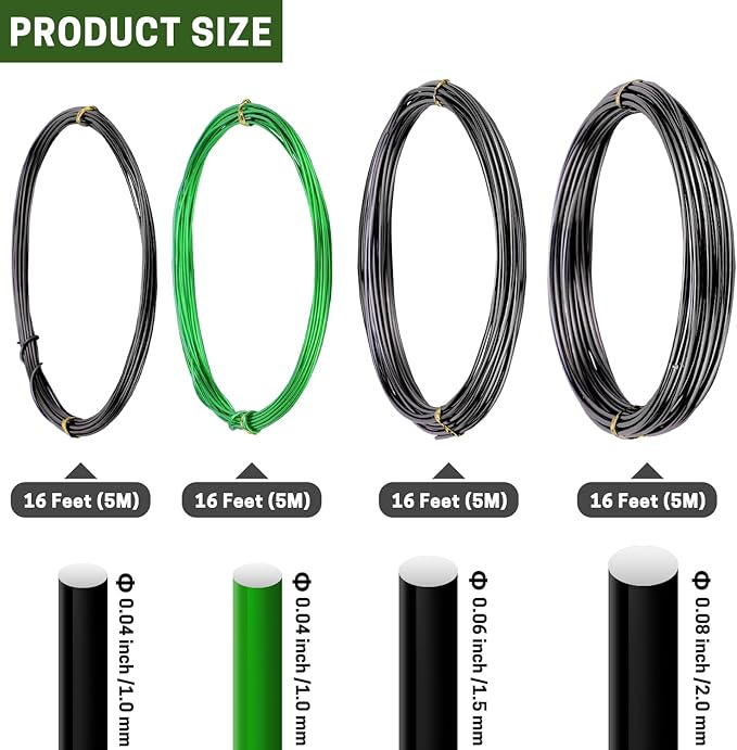 Bonsai Wire Kit, 4 Rolls Total 64Ft Aluminum Bonsai Training Wire Set for Indoor 1.0MM, 1.5MM, 2.0MM