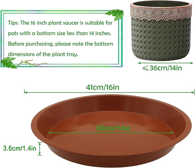 4 Pack 16 Inch Round Plant Saucers for Less 14 Inch Pot Indoors Outdoors Plant Trays for Pots Planter Saucer Plastic Drip Tray Planter Water Tray(Terracotta, 16"(4pcs))