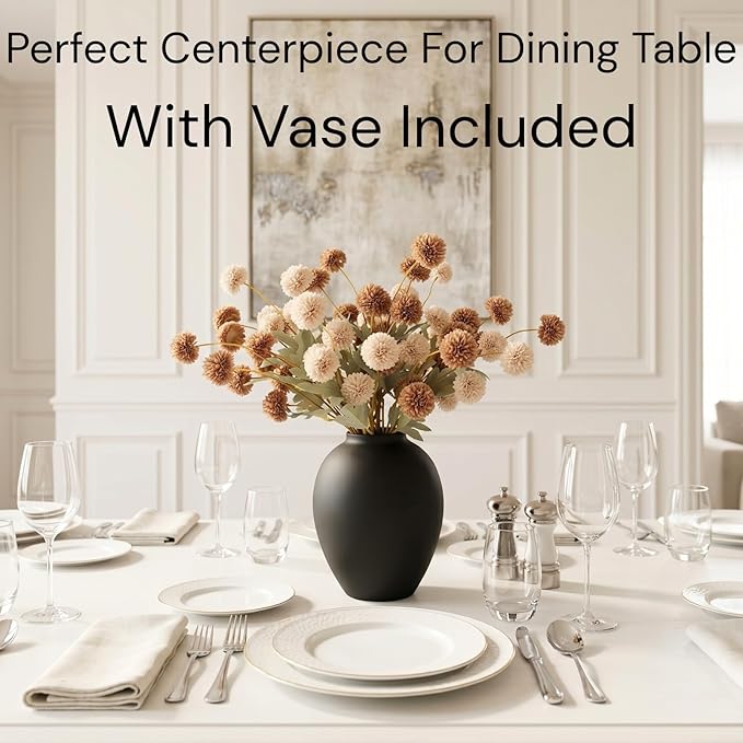 Artificial Flowers with Vase for Home Decor - Faux Mum Flower Arrangement Centerpiece, 12 Stems Beige and Brown Silk Flowers in Black Iron Vase for Dining Table Living Room Office Bedroom