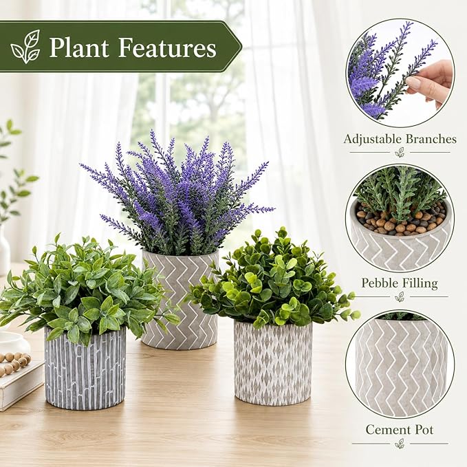 Set of 3 Artificial Potted Plants, Faux Eucalyptus Lavender and Tea Tree Greenery in Cement Pots, Small Fake Plants for Shelf Bathroom Office Desk Decor