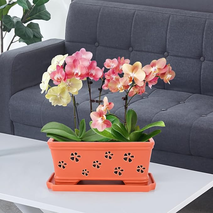 12 * 6.3 * 5.3 Inch Rectangle Ceramic Orchid Pot with Holes & Saucer - Red Effective Drainage & Ventilation for Indoor Orchids