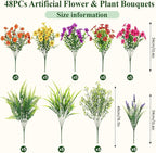 Alupssuc 48 Bundles Artificial Flowers for Outdoors Planters Spring Decoration, UV Resistant Faux Eucalyptus Violet and Lavender Silk Fake Plants for Outside Indoor Decor, Mix 5 Colors